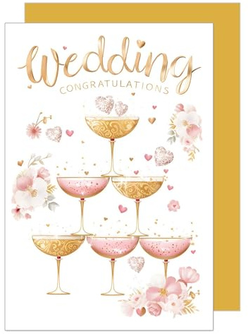 Edition Seidel Premium gratulationskort för bröllop med kuvert. Bröllopskort gratulationskort gift 'Just Married' bröllop dag brudpar champagne pyramid (H490 SW024)