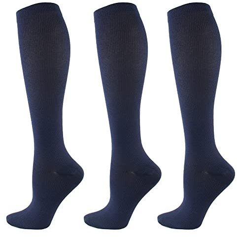 HYCOPROT 3 Paia di Calze a Compressione per Uomini e Donne, Calze Elastiche a Compressione Graduata 15-20 mmhg Calze Compressione per Fitness, Volo, Sport, Corsa, Ciclismo, Viaggio (Blu, 2XL)