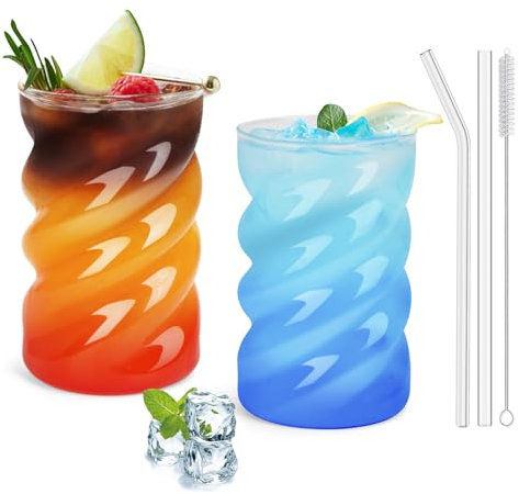 SILRIVES Vasos con pajitas de cristal de 500 ml, 2 vasos acanalados de café helado con pajita, cristal de burbuja, vasos de latte macchiato, vasos de café, vasos de capuchino, vasos largos, vasos de