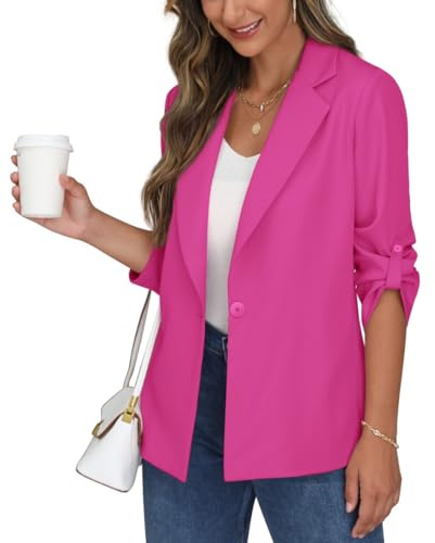PrinStory Blazer dam kontor långblazer, justerbara ärmar, kavaj, kavaj, sportig, elegant jack, Varm rosa, 44