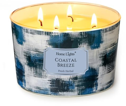 HomeLights Vela en frasco grande | Velas aromáticas de larga duración de 4 mechas, vela de cera de soja natural de 18oz con diseño minimalista escandinavo, Brisa Costera