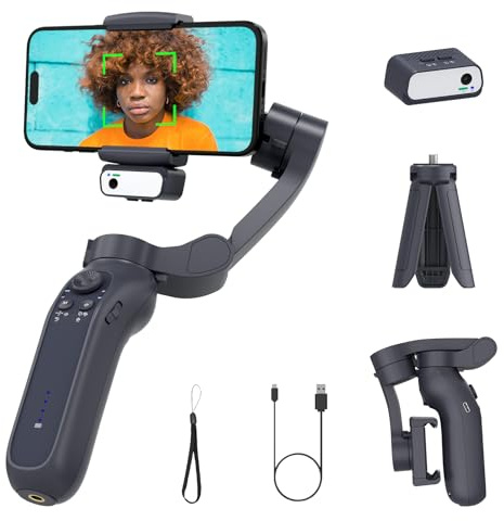 Gimbal-stabilisator, 3-axlar, AI-spårningsmodul, fyllningsljus med 3 färgtemperaturer, gestkontroll, integrerat stativ, för iPhone och Android (svart)