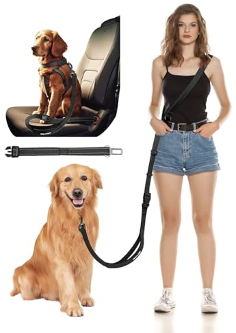 WANFIRE Hands Free Dog Leash, 2-in-1 Detachable Pet Seatbelt,5.9-9.2 ft Crossbody Dog Leash with Double-Sided Reflective for Walking, Hiking, Travel etc (Black)