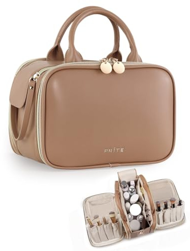Prite Toiletry Bag Makeup Bag Large Capacity Side Openings Travel Waterproof Portable Cosmetic Bag with Handle and Multi Compartments