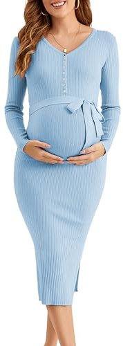 Ecavus Women's Long Sleeve Maternity Sweater Dress for Baby Shower V Neck Slit Maternity Photoshoot Dress with Belt, Blue, XXL