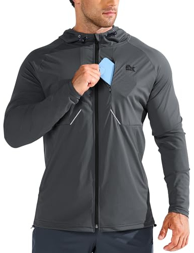 BROKIG Mens Aerolight Running Jacket, Lightweight Gym Tracksuit Hoodies Windbreaker Hiking Hooded Sweatshirts Zip Up (X-Large, Dark Grey)
