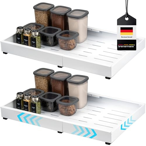 bremermann Telescopic Drawers Set of 2 - with Shelf, Extendible, Adjustable Width from 43 - 67 cm, Extension Rails for Gluing or Drilling, Cabinet Drawer Made of White Metal