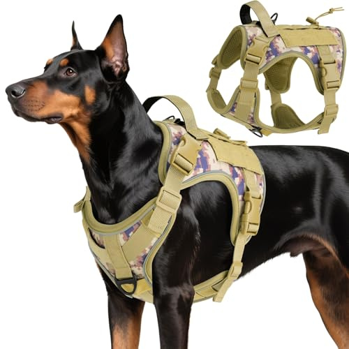 VavoPaw Arnés Táctico Perro, Fácil Control & Sin Tirar Arnés para Perros con Panel Molle y Tira Reflectante, Chaleco Táctico Perro Servicio de Adiestramiento, Paseos, Outdoor, Camuflaje Desierto, L