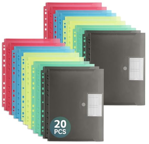 FRETONBA 20 Pièces Pochettes Plastiques Perforées A4, 5 Couleurs | Chemises avec Poche à Étiquette et Fermeture Scratch, Pochette Classeur pour Bureau, Voyage, Fournitures