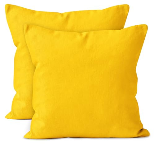 Encasa XO Baumwoll-Kissenbezüge, 2er-Set I 16x16 in (40x40 cm) - Sonnenstrahlgelb I kein Einsatz I einfach Kissenbezüge I Maschinenwaschbar | Nur Innen benutzen