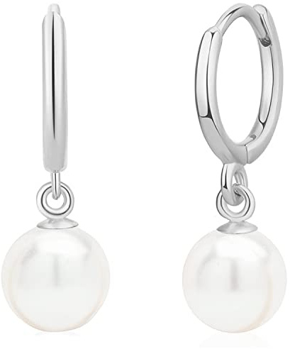 LIHELEI Pendientes de Aro de Perlas, Mini Aros de Oro con Perlas, Pendientes de Aro Rellenos de Oro de 14k con Cuelgas, Pendientes de Dama de Honor Regalo-Plata