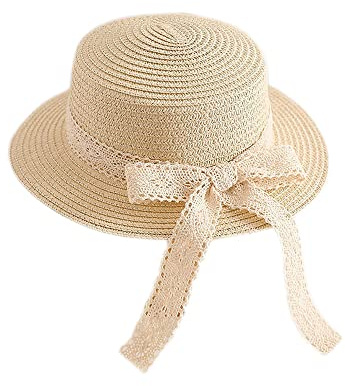 Little Girl Kids Breathable Summer Straw Hat Foldable UV Protection Bowknot Wide Brim Floppy Beach Sun Visor Hats (Hat-Beige)