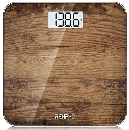 RENPHO Personenwaage, Körperwaage mit Hochpräzisions-Sensoren, Personen Digitalwaage mit Step-On-Technik, Gewichtswaage aus Sicherheitsglas, Holz