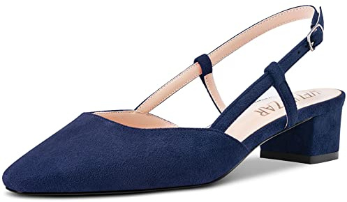 HEUIVZAR Donna Pumps Quadrata Punta Gattini Basso Blocco Chunky Tacco Heel Slingback Scamosciato Dress Scarpe Vacanza Cute da Matrimonio Blu Navy 3.5 CM 39 EU