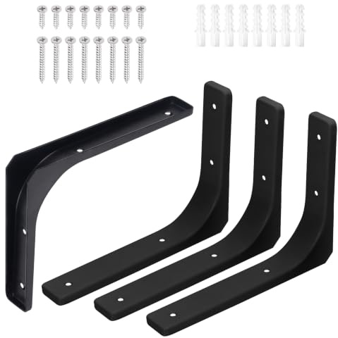 Swpeet Heavy Duty Iron Wall Shelf Bracket 8L x 6H - Floating Steel Support with L Joint Angle Kit Contains 20/40MM Screws, Anchors for Home, Black (4 Pack)