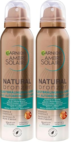 Garnier Ambre Solaire Spray autobronzant avec huile de noyau d'abricot, accélérateur de bronzage doré, 150 ml, Tous teints (Lot de 2)