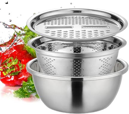Zankie Multifunctional Stainless Steel Basin Set,Colanders Basin Mixing Bowl Set - Salad Maker Bowl Stainless Steel Drain Basket Rice Washing Bowl and Strainer