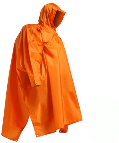 longsinger Hooded Rain Poncho for Adult with Pocket Waterproof Lightweight Unisex Raincoat for Hiking Camping Emergency (Large, Orange)