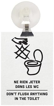 Panneau PVC NE RIEN JETER DANS LES WC - DON'T FLUSH ANYTHING IN THE TOILET blanc format A6 avec fixation ventouse