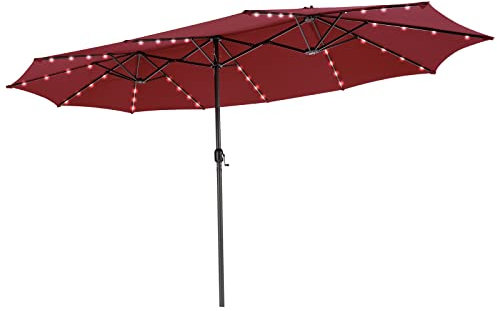 COSTWAY Doppelsonnenschirm mit LED-Solar-Beleuchtung, 450 x 260 cm, Sonnenschirm Groß XXL, UPF 50+, Gartenschirm mit Kurbel, Terrassenschirm, Marktschirm für Garten, Terrasse & Pool (Rot)