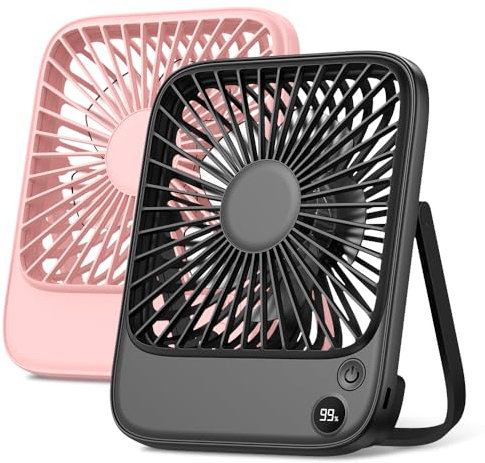 TOPK 2 Pack 5000mAh Portable Desk Fan Rechargeable, Ultra-thin Strong Wind Digital Display 4 Speeds Adjustable Small Silent Battery Powered Personal Fan for Bedroom,Office,Travel,Library,Outdoor Pink