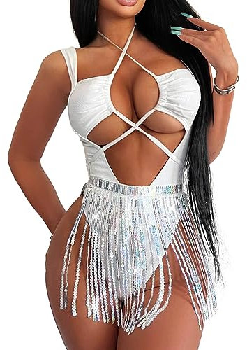 FYMNSI Festival Outfit Damen Sexy Techno Glitzer Rave Outfits Gl?nzend Bikini Set Metallic Wetlook Damenbody mit Quaste Rock Pole Dance Party Nachtclub Clubwear Reizw?sche Dessous Wei? L
