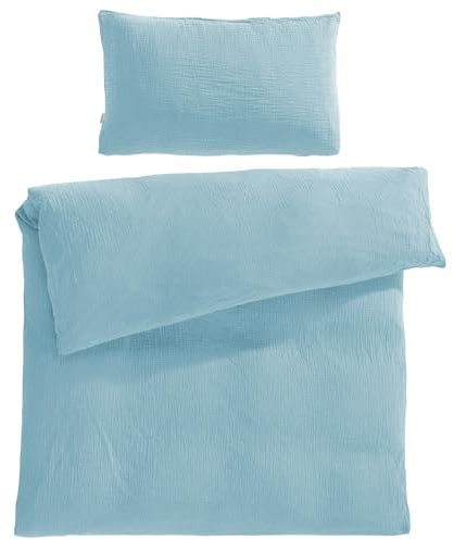 Pure Label Musselin Kinderbettwäsche 100x135 cm mit einem Kissenbezug 40x60 cm aus 100% Baumwolle - Traumhaft weiche, kuschelige Baby Bettwäsche in blau aus Musselin