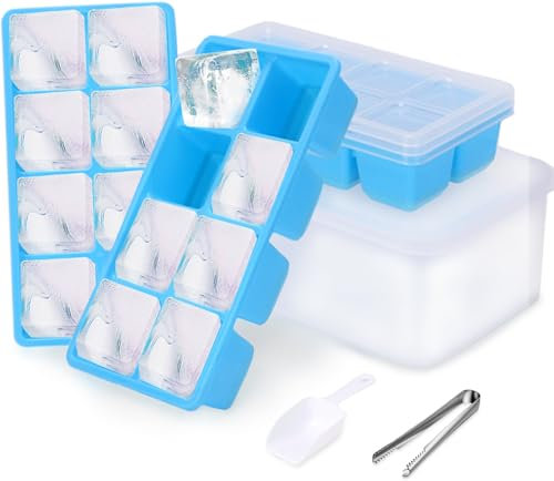 Kit Stampo per Ghiaccio Grandi, JRISBO Stampi per Cubetti Ghiaccio in Silicone con Coperchi e Contenitore e Paletta, Forme Cubi Ghiaccio Vaschette Stampini Pulito e Senza BPA