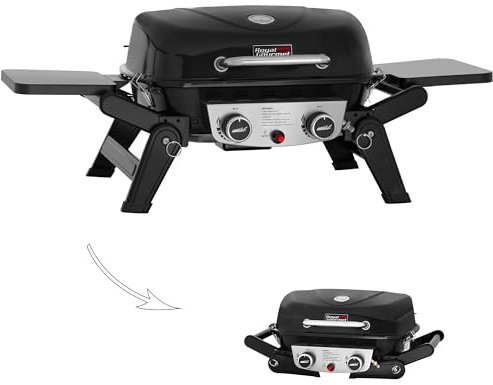Royal Gourmet GT2005 Barbecue à gaz propane portable à 2 brûleurs avec tables latérales pliables et pieds de support pliables, barbecue à gaz de table avec grille de réchauffement pour cuisine et