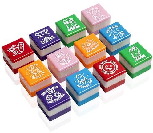 Set de 6 Sellos Cuadrado Motivacionales para Regalo Profesores y Niños, Infantiles, Colores Variados, Seguros y Duraderos, 25mm x 15mm, para Estimulación y Diversión en el Aprendizaje. (12, Español)