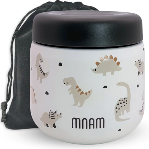 mnam Thermobehälter für Essen Kinder 400 ml - Baby To Go - Thermobox für Essen Kinder - Breiwärmer Unterwegs - Thermobecher Babybrei - Thermo Lunchbox - Snackbox Baby (Flaskdino)