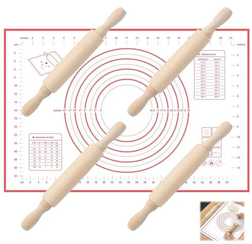 4 Pcs Rolling Pin with Silicone Baking Mat, 18 X 2cm Rolling Pin for Baking, Small Rolling Pin, Mini Rolling Pin, Wooden Rolling Pin for Fondant, Pie Crust, Cookie, Pastry, Dough