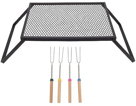 Baxnore Folding Campfire Grill, Iron Folding Outdoor Camping Grill, Outdoor Grilling Stand, Portable Outdoor Camp Cooking Grill for Picnic Yard Patio (With Fork)
