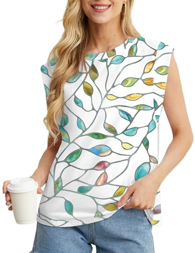 GRECERELLE Womens Cotton T Shirts Cap Sleeves Loose Fit Basic Ladies Tops for Casual Comfort Soft Crew Neck Summer Tees (Rainbow Leaf Floral, L)