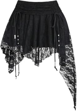 GORGLITTER Gotisk kjol damer spetskjol sexig minikjol med spets festival outfit Y2k kort kjol med volanger västerländsk outfit, svart, S