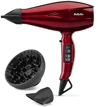 BaByliss Secador de Pelo Digital Pro con Difusor - Secador Profesional 2200W, Iónico, Secado ultrarrápido, Fabricado en Italia, 2 ajustes de Calor y 2 velocidades, Botón Turbo, Aire frío, Rojo, 6001DE
