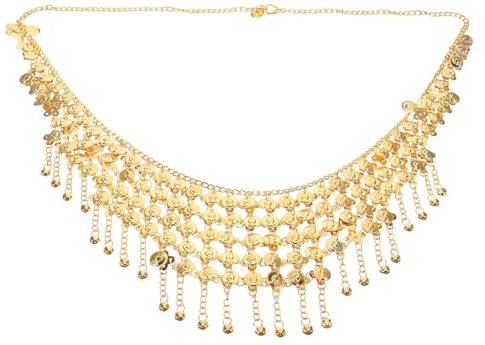 MUCKLILY Ceinture de Danse du Ventre Ajustable en Métal Doré avec Pompons et Clochettes, Chaîne Bohème à Franges pour Spectacles et Accessoires de Danse Orientale Féminine