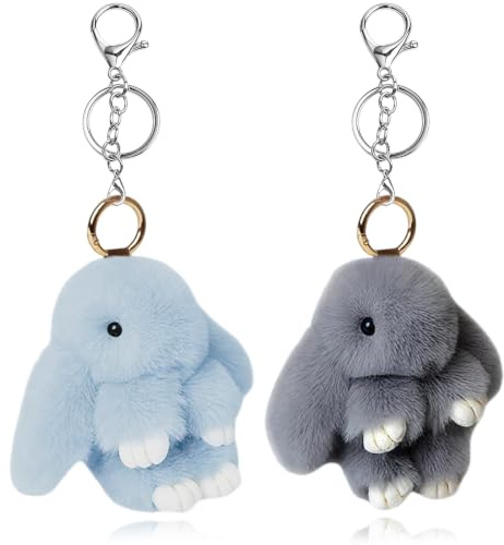 2PCS Adorable Porte-clés Lapin en Pluh,Clés En Fausse Fourrure Porte Clés Mignon En Peluche Lapin Porte,Décoration de Pompon en Peluche (Gris & bleu)
