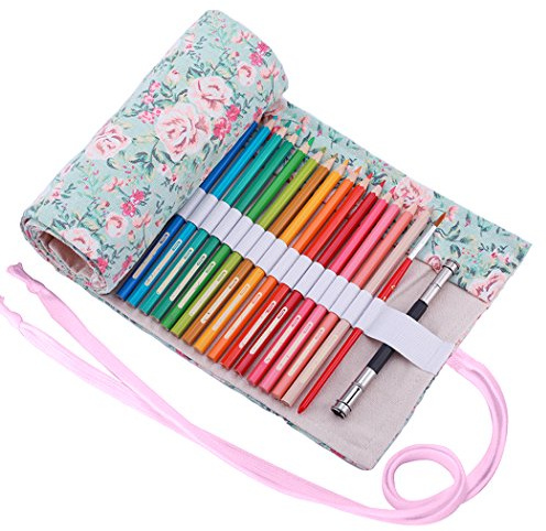 Amoyie Colouring Pencil Case 72 Slots, Roll Up Pen Holder, Pencil Wrap | Canvas Organiser Bag for Coloured Pen, Foldable Carrier for School, Outdoor, Artist Storage Bag, Large Capacity, Floral