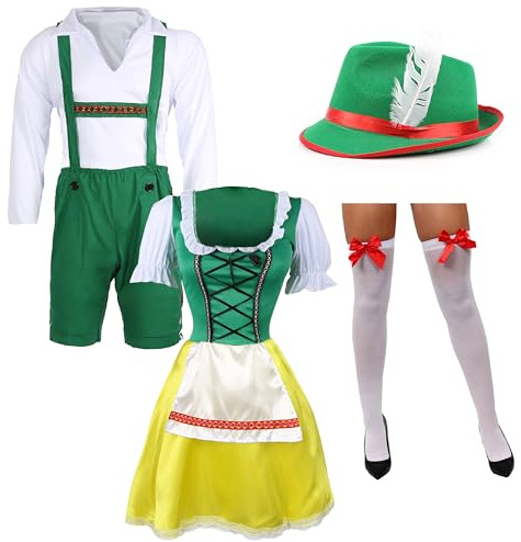 Couples Bavarian Costume - Beer Man Green Lederhosen with traditional White shirt and Hat - Coordinating Ladies Bavarian Beer Girl with Stockings Fancy Dress - Mens Medium & Womens Medium