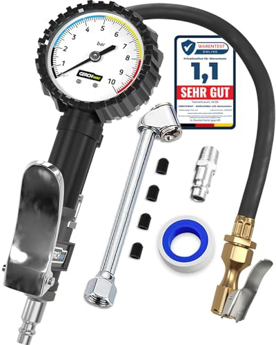 Tire Inflator with Pressure Gauge and Longer Hose - Most Accurate, Heavy Duty Air Chuck with Gauge for Air Compressor Tire Inflator Attachment - 100PSI