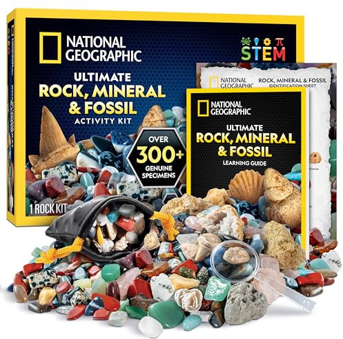 NATIONAL GEOGRAPHIC Edelsteine und Fossilien Set - 300-teiliges Set mit Geoden und Echten Fossilien -Rosenquarz Jaspis Aventurin - Viele Weitere Kristalle und Edelsteine für Kinder
