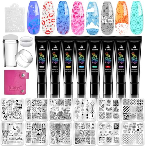 Biutee Nail Stamping Plates Set - 12pcs Templates, 8 Colors, Stamper, Scraper, Storage Bag - Animal & Flower Design Nail Art Plates