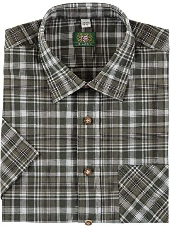 OS Trachten Herren Hemd Kurzarm Jagdhemd mit Liegekragen Scubu, Größe:43/44, Farbe:Oliv