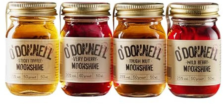 O'Donnell Moonshine Mini Liqueur Gift Set Classics | 4 x 50ml | Natural Ingredients | Vegan | Premium Liqueur | American Tradition | 20-25% ABV | 40-50 proof | Gift Idea | Mason Jar | Shots