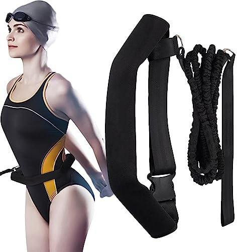 Dirfuny Swim Training Belt, 2m Stretchable Swimming Bungee Training Rope Swimming Resistance Bands Pool Swim Training Bungee Exerciser for Adult