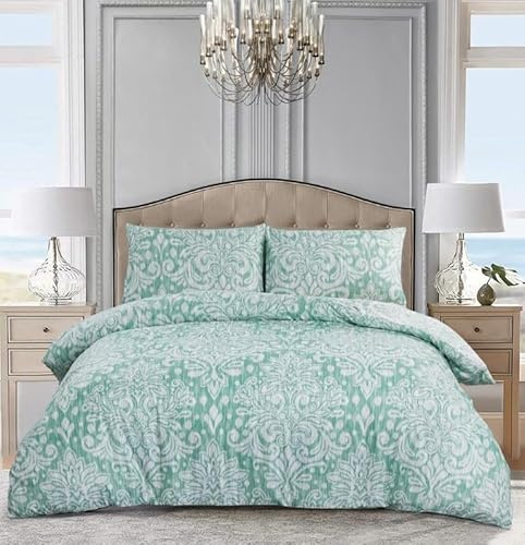 PRIME LINENS Duvet Cover Set 4 Pcs Brushed Microfibre Quilt Cover Bedding Set With Pillow Cases and Extra Fitted Sheet Included (Royal Damask Green, Super King)