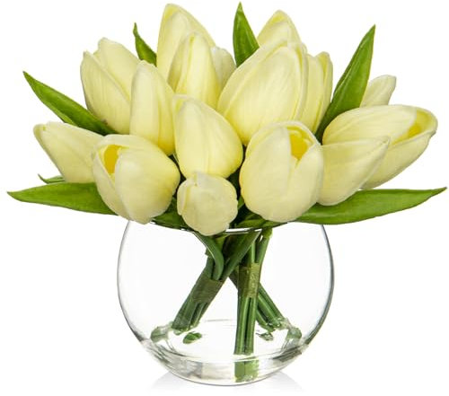 Oairse 14er-Set Künstliche Tulpen mit transparenten Glass Vase, künstliche Tulpen, fühlen Sich echt an, Kunsttulpen-Blumenstrauß-Arrangement für Zuhause, Büro, Hochzeit, Esstisch, Creme
