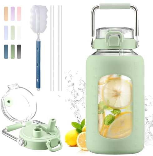 BLUEGO 2500ml Water Bottle Glass with Stainless Steel Handle 2.5L Large Water Bottle with Time Markers and Silicone Sleeve Half Gallon Water Jug BPA Free for Gym Daily Use, Light Green