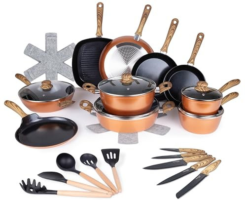 Pots and Pans Set Non Stick – Induction Hob Pot Sets – 35pcs Kitchen Cookware & Kitchen Knife Set – Copper Cooking Pots with Lids – Saucepans Pot & Frying Pans – by Nuovva